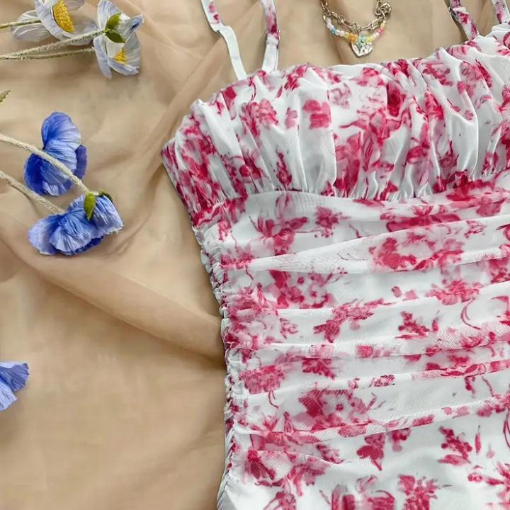 Women's Boho Floral Print Mini Dress Spaghetti Strap