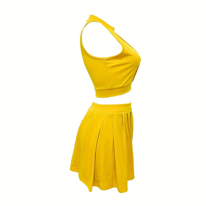 Women's 2 Piece Outfits Skirt Sets Summer Sleeveless Crop Top Pleated Short Mini Skirt