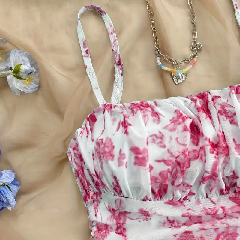 Women's Boho Floral Print Mini Dress Spaghetti Strap