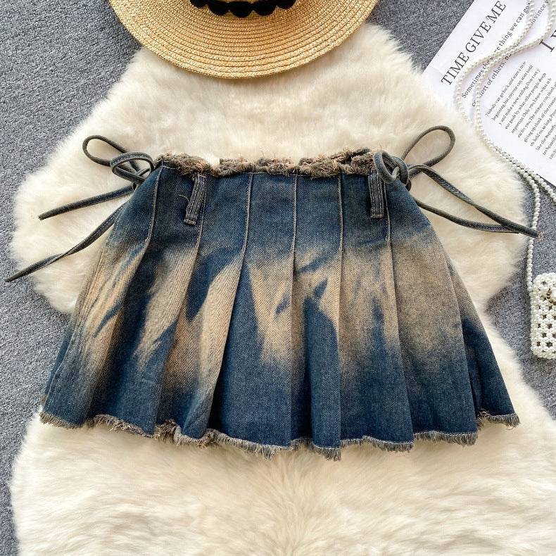 Washed Watercolor Pleated Short Skirt With Bow