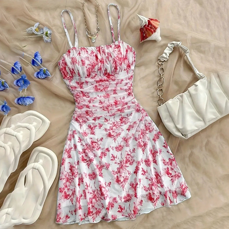 Women's Boho Floral Print Mini Dress Spaghetti Strap