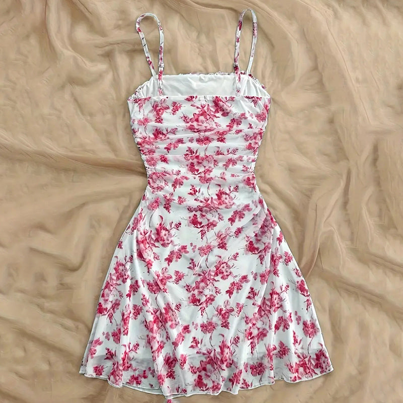 Women's Boho Floral Print Mini Dress Spaghetti Strap