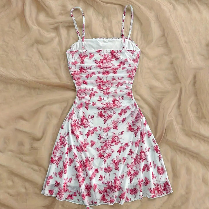 Women's Boho Floral Print Mini Dress Spaghetti Strap