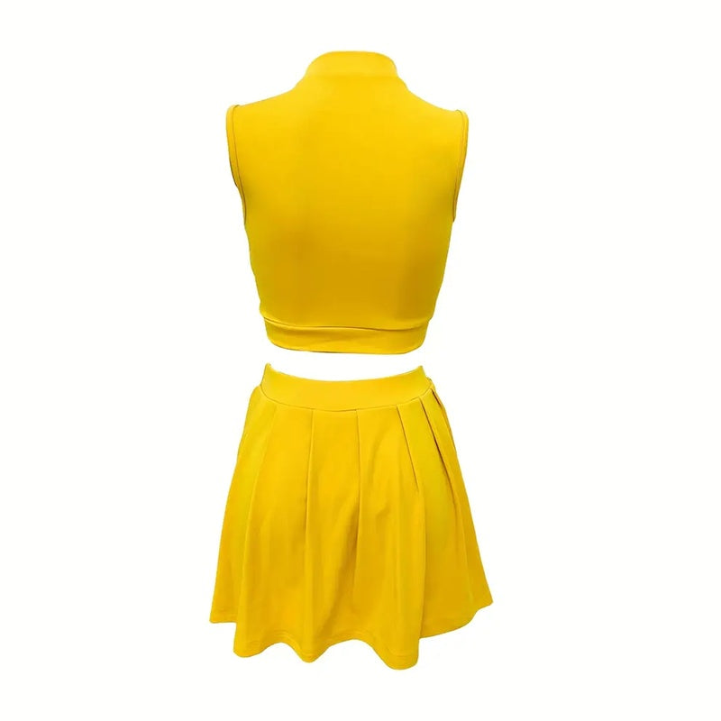 Women's 2 Piece Outfits Skirt Sets Summer Sleeveless Crop Top Pleated Short Mini Skirt
