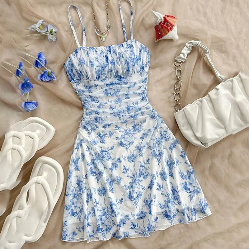 Women's Boho Floral Print Mini Dress Spaghetti Strap