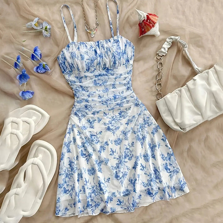 Women's Boho Floral Print Mini Dress Spaghetti Strap