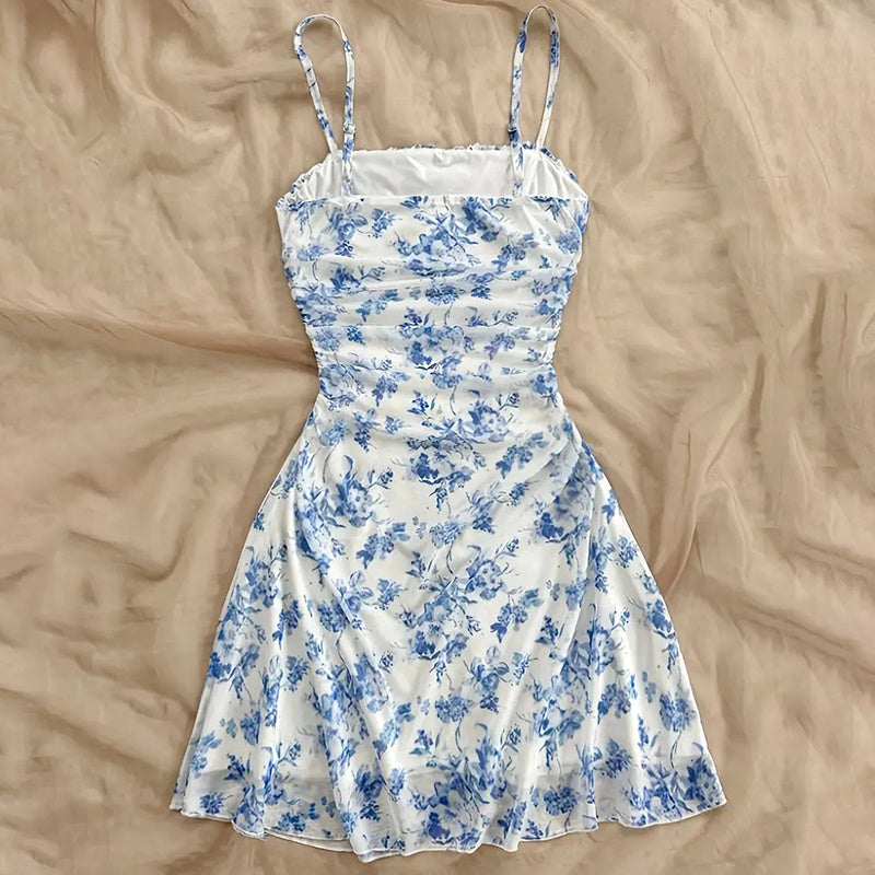 Women's Boho Floral Print Mini Dress Spaghetti Strap