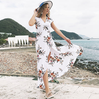 USA SIZE Women's V-neck printed chiffon sexy split beach beach holiday dress dress