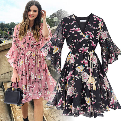 Floral V-neck flared sleeve dress