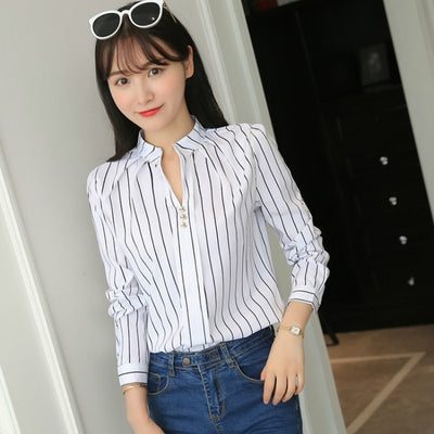 Loose striped stand collar blouse