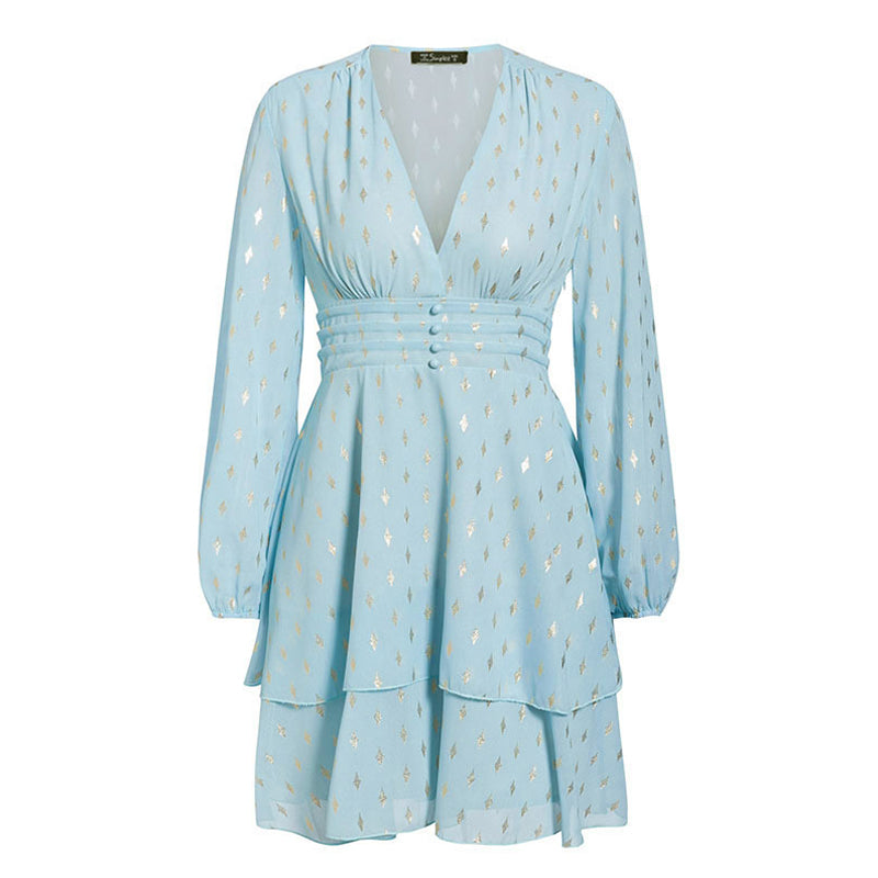 V-neck long sleeve chiffon ruffled dress