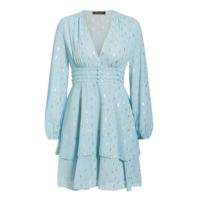 V-neck long sleeve chiffon ruffled dress