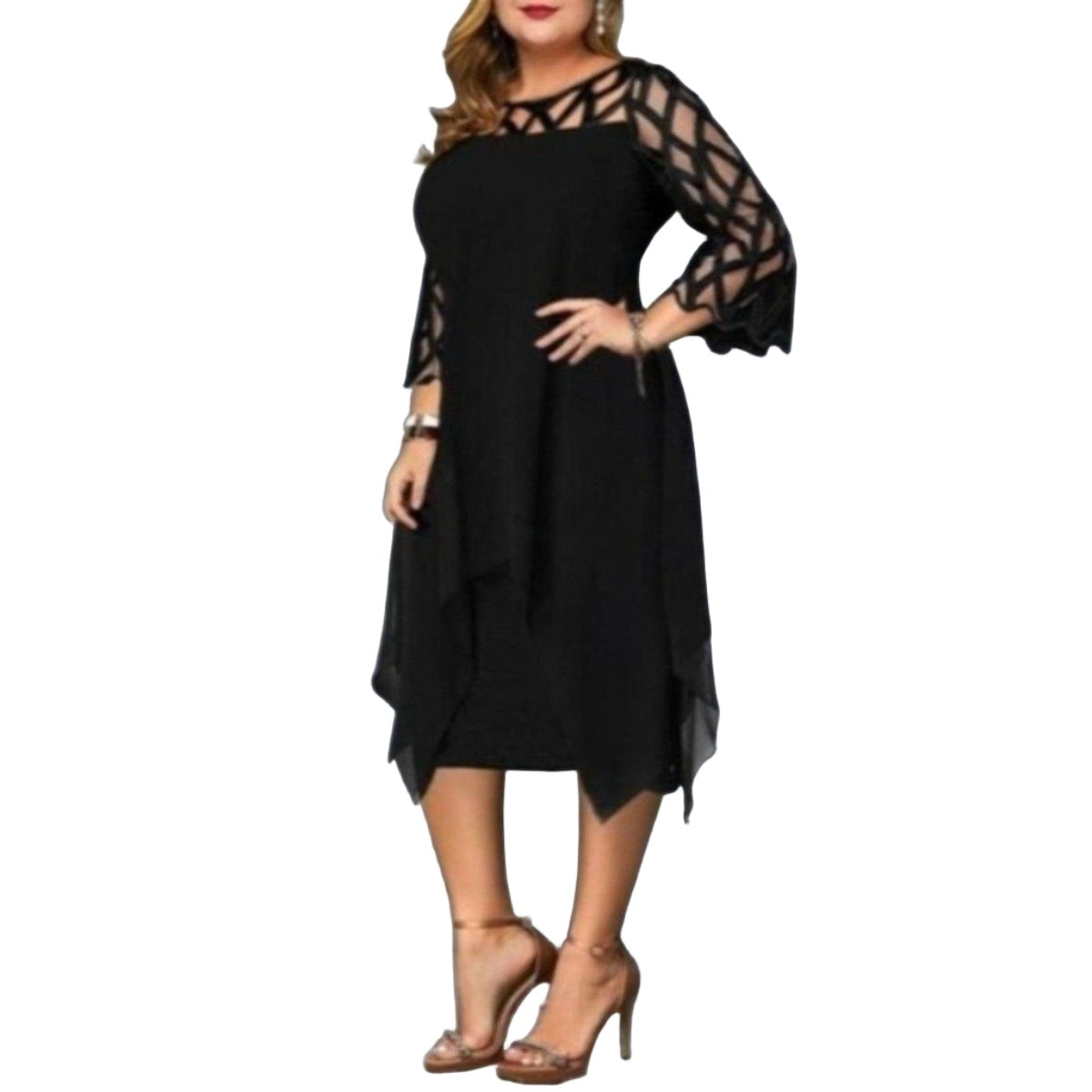 Lace Splicing Chiffon Dress With Irregular Hem With Seven Minute Sleeves - Dignitestore Lady dress