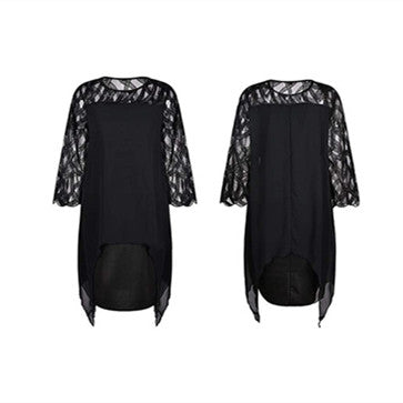 Lace Splicing Chiffon Dress With Irregular Hem With Seven Minute Sleeves - Dignitestore Black / L Lady dress