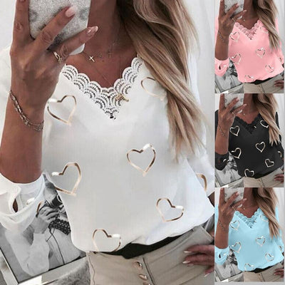 New Love Printing Long-Sleeved Collar Top Lace Stitching Casual Shirt Women