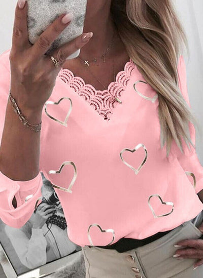 New Love Printing Long-Sleeved Collar Top Lace Stitching Casual Shirt Women