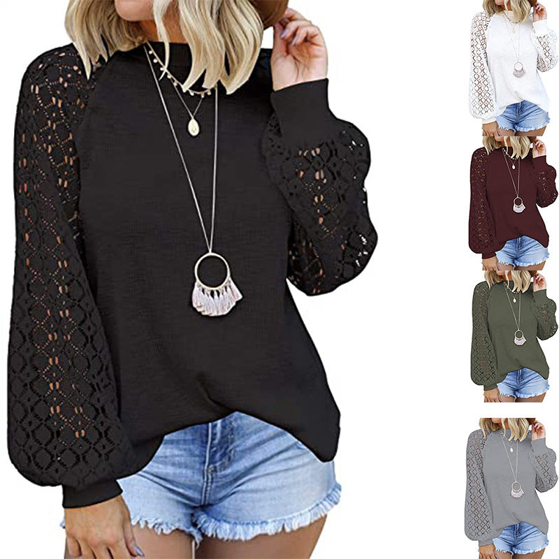 Round Collar Long Sleeves Lace Stitching Blouse