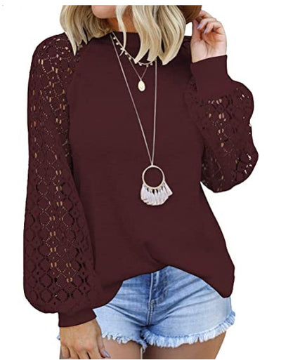 Round Collar Long Sleeves Lace Stitching Blouse