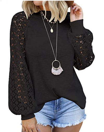 Round Collar Long Sleeves Lace Stitching Blouse