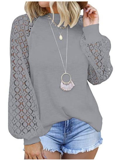 Round Collar Long Sleeves Lace Stitching Blouse