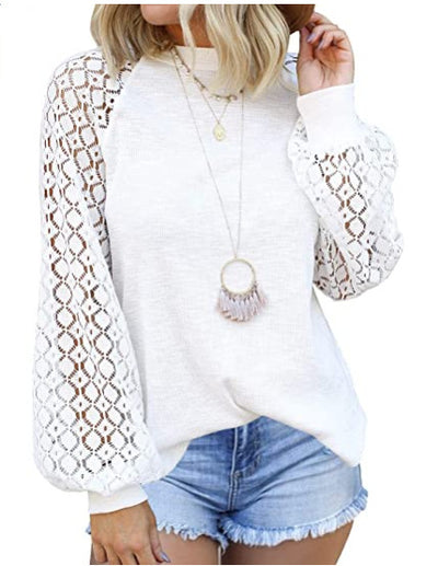 Round Collar Long Sleeves Lace Stitching Blouse