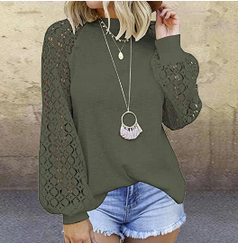 Round Collar Long Sleeves Lace Stitching Blouse