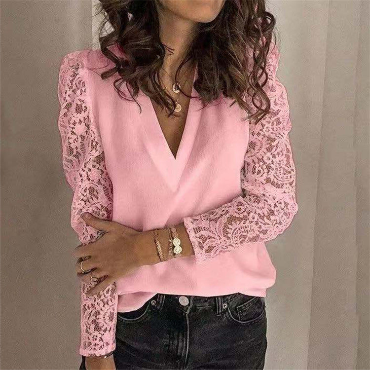 Stitching Lace Long-Sleeved Slim-Fitting Base Blouse For Women's Wear