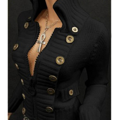Fashion Stand-Up Collar Solid Color Button Cardigan
