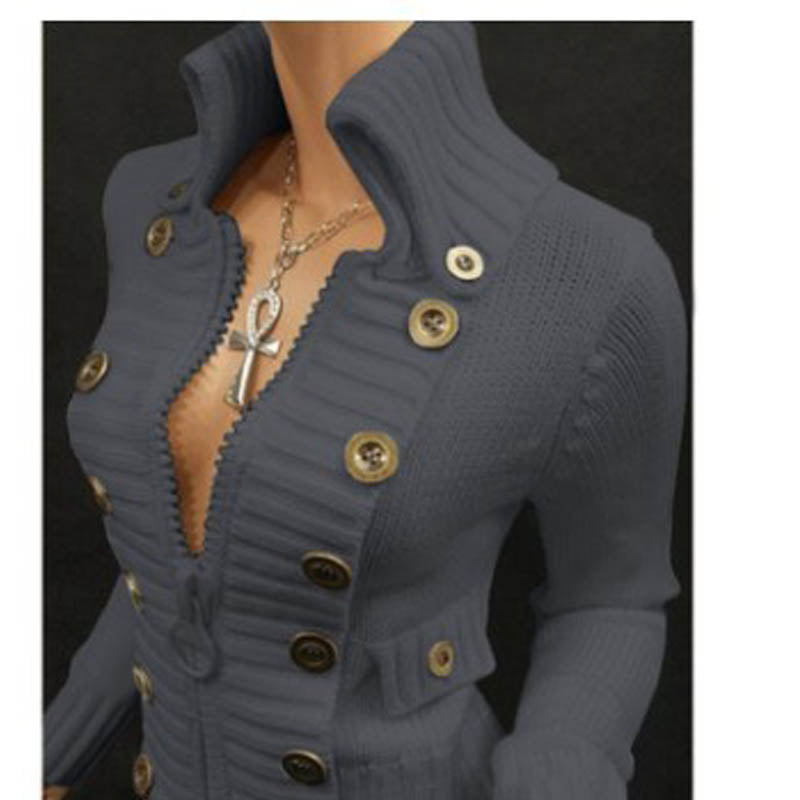 Fashion Stand-Up Collar Solid Color Button Cardigan