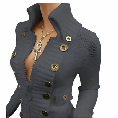 Fashion Stand-Up Collar Solid Color Button Cardigan