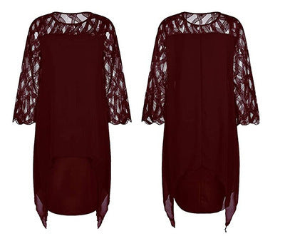 Lace Splicing Chiffon Dress With Irregular Hem With Seven Minute Sleeves - Dignitestore Red wine / 2XL Lady dress