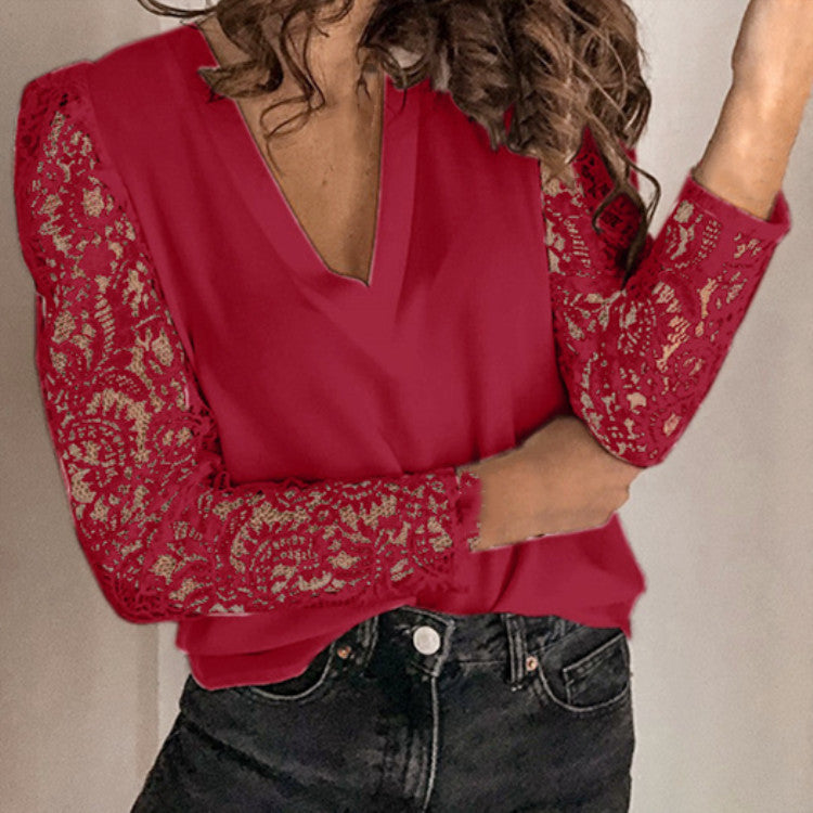 Stitching Lace Long-Sleeved Slim-Fitting Base Blouse For Women's Wear
