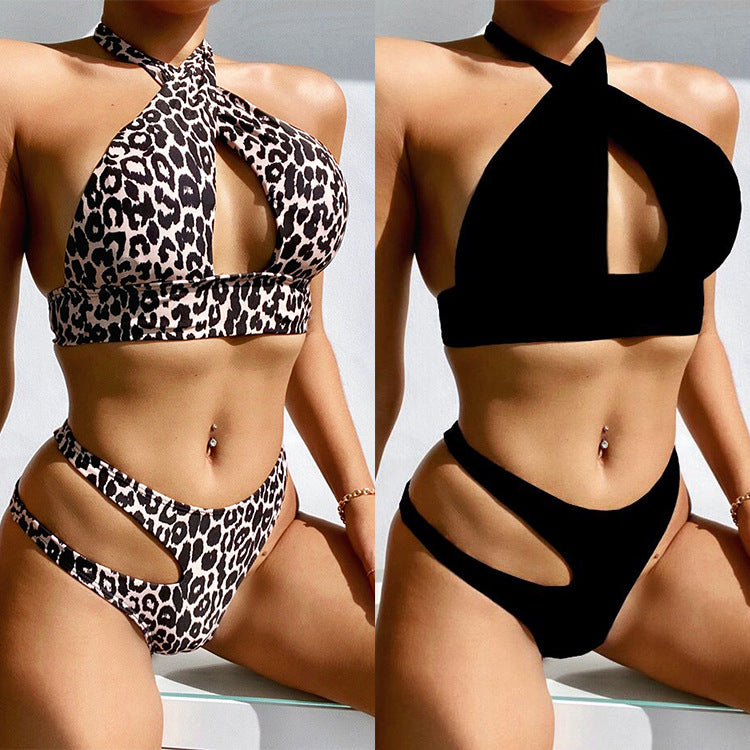 Sexy Leopard Print Hollow Bandage Bikini