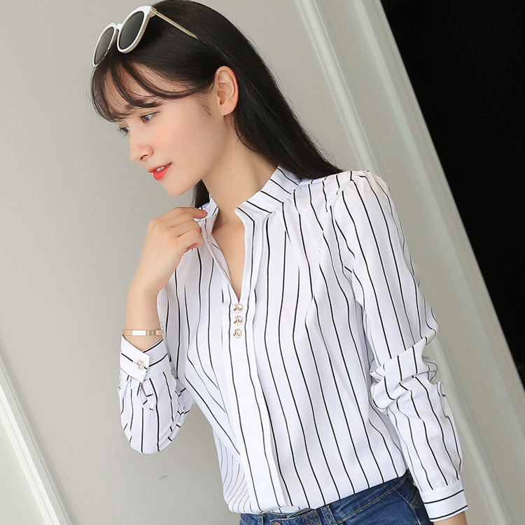 Loose striped stand collar blouse