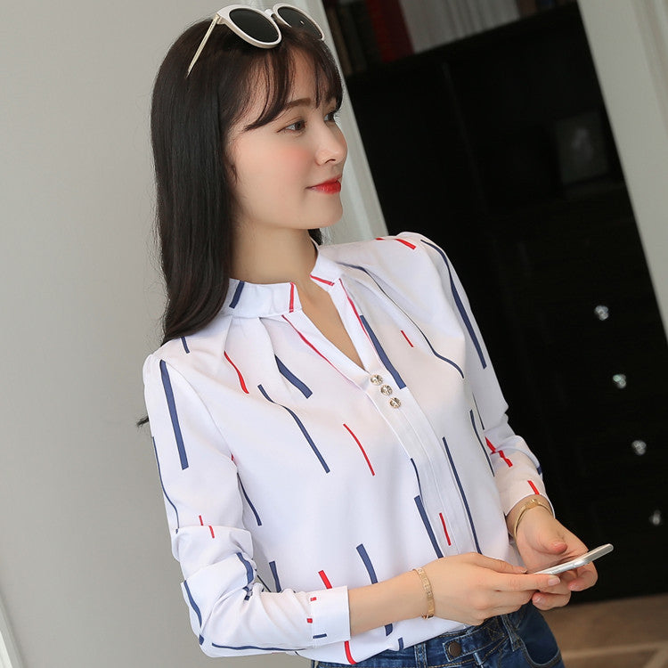 Loose striped stand collar blouse