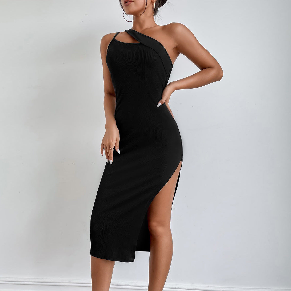 Slit Shoulder Slimming Open Back Dress