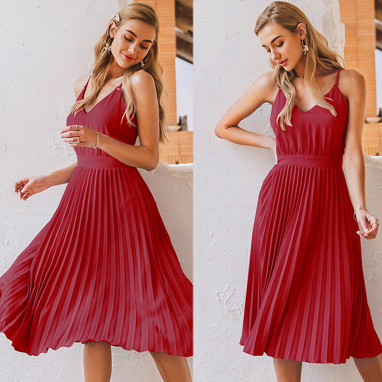 Spring And Summer New Style Sling V-Neck Pleated Dress Princess Dress Multicolor - Dignitestore Wine Red / 2XL Women Dress