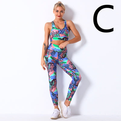 Digital Printing Shockproof Gather Bra Yoga Sports Fitness Suit Set - Dignitestore C / S Leggings