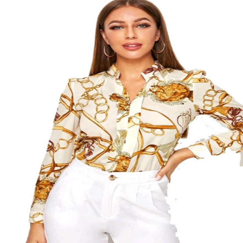 Temperament Printed Long Sleeve Stand Collar Blouse
