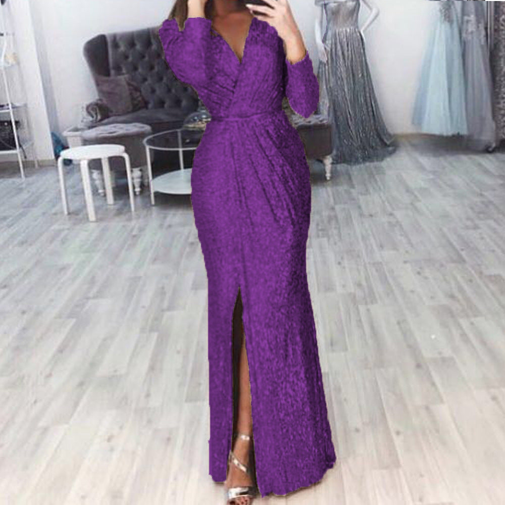 Women's Long Dress Evening Dress Deep V-neck - Dignitestore Purple / S Lady dress