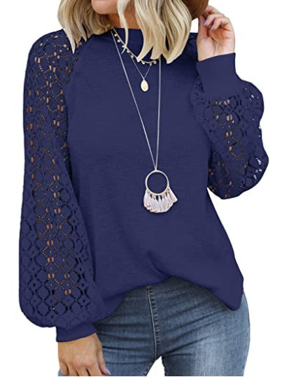 Round Collar Long Sleeves Lace Stitching Blouse