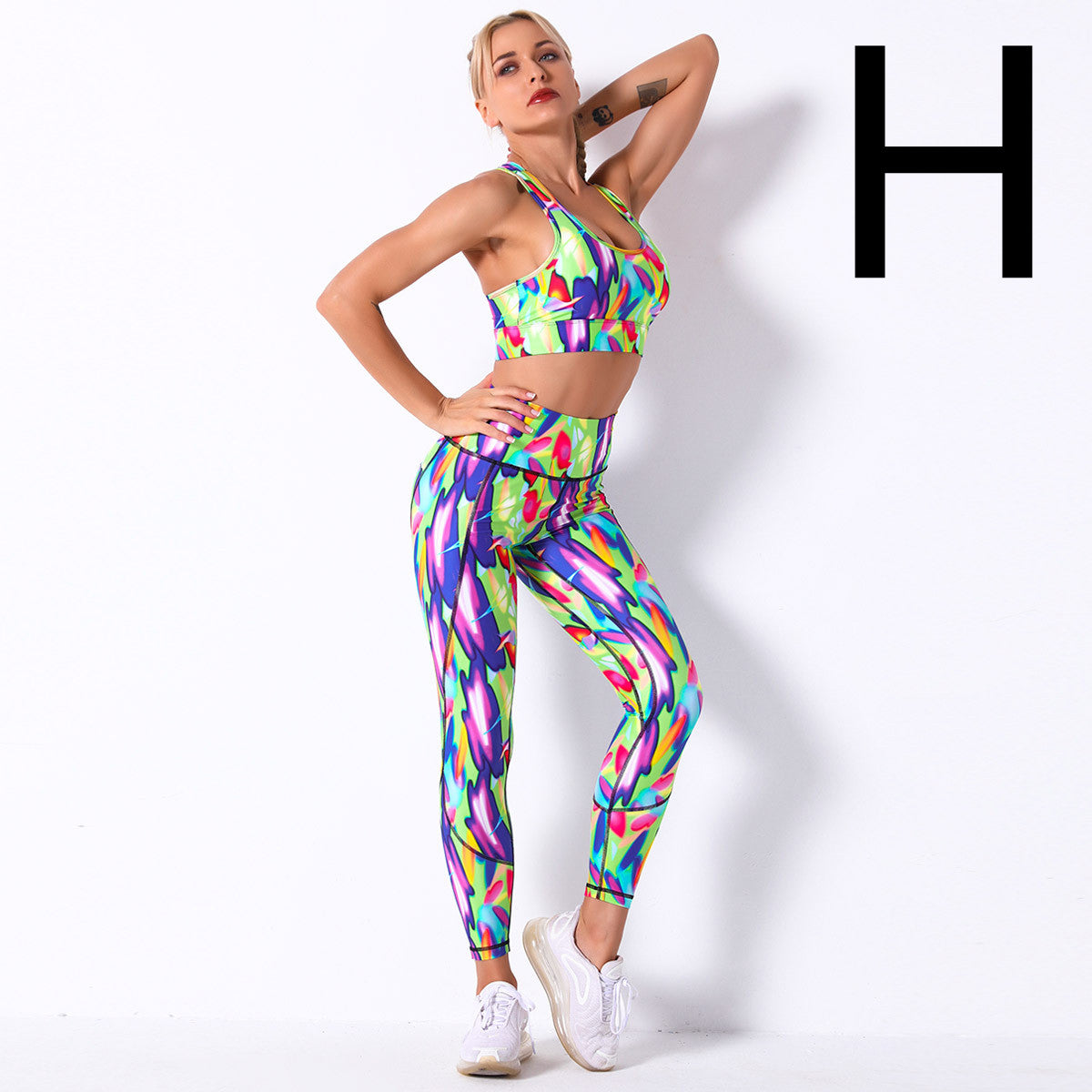 Digital Printing Shockproof Gather Bra Yoga Sports Fitness Suit Set - Dignitestore H / S Leggings