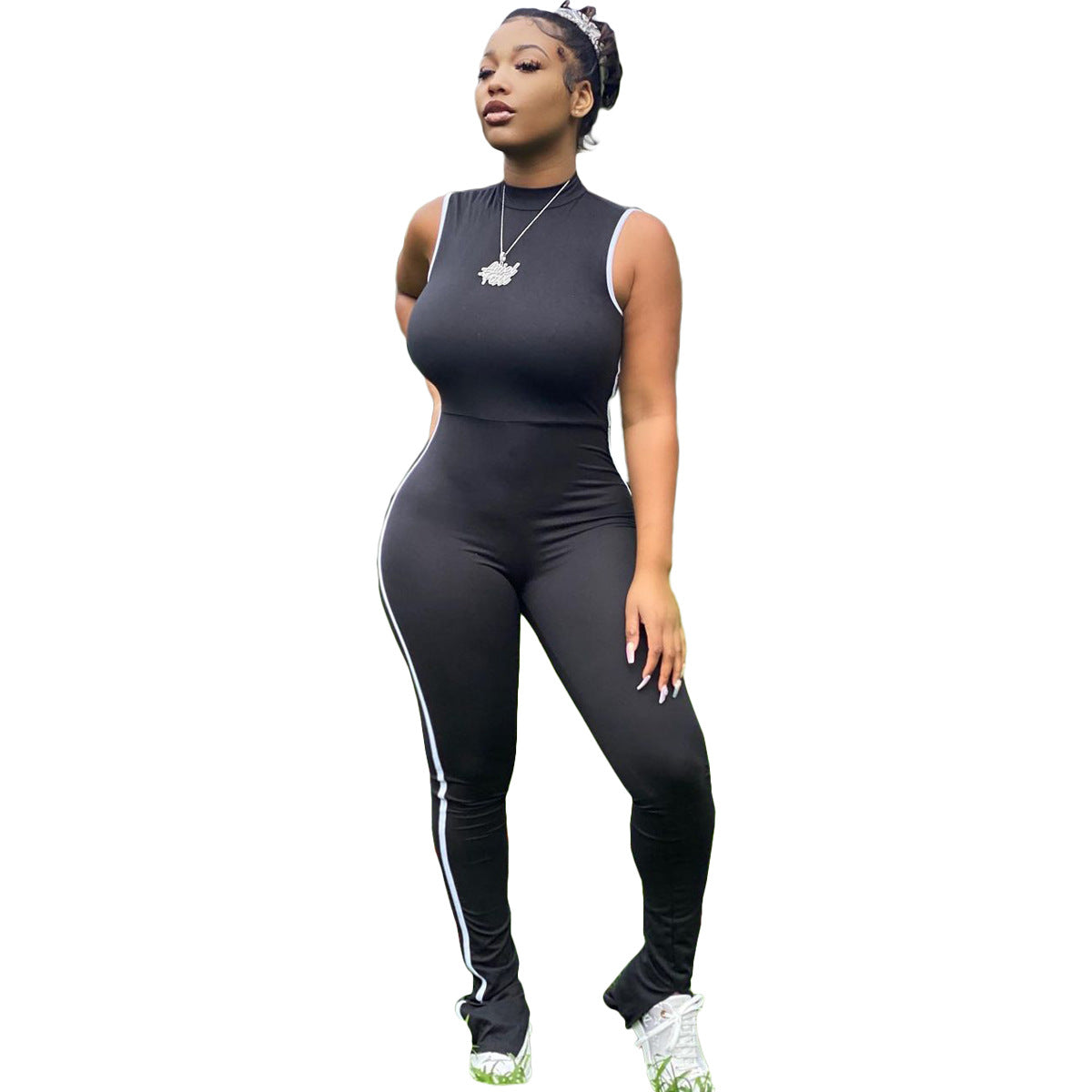 Sexy Striped Stitching Split Sleeveless Hip-lifting Sports Jumpsuit - Dignitestore Black / S Rompers
