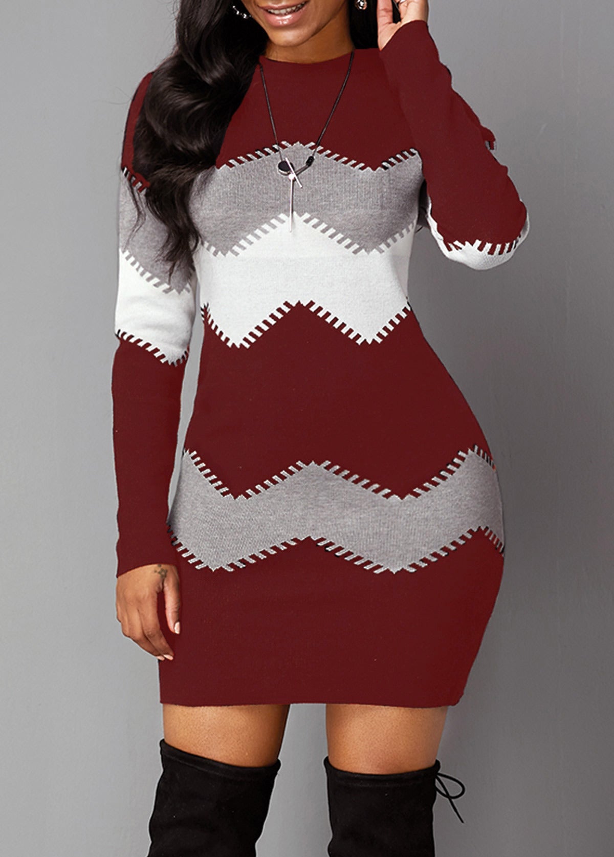 Mid-length Round Neck Long-sleeved Knit Bag Hip Bottoming Dress