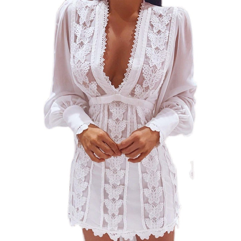 Elegant Sexy V Neck Lace Dress Long Puff Sleeve Butterfly
