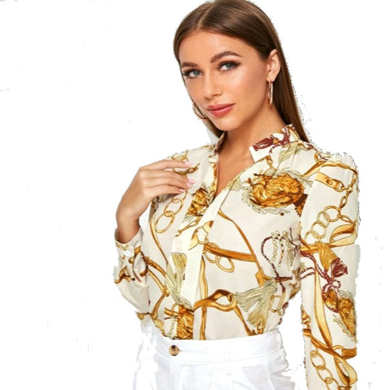 Temperament Printed Long Sleeve Stand Collar Blouse