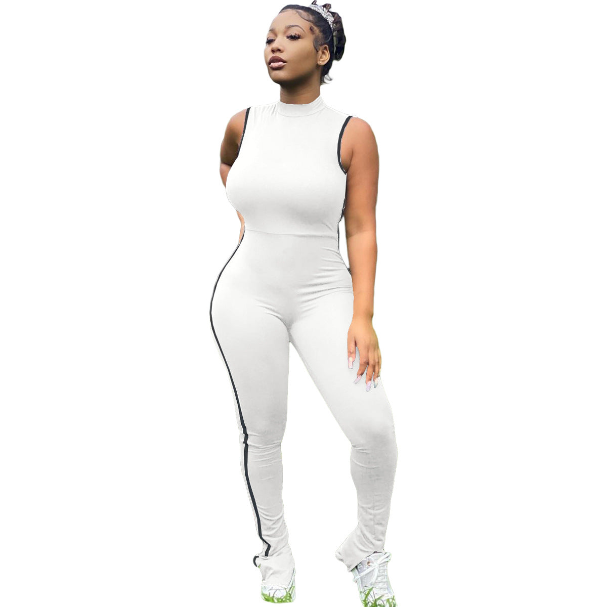 Sexy Striped Stitching Split Sleeveless Hip-lifting Sports Jumpsuit - Dignitestore White / S Rompers