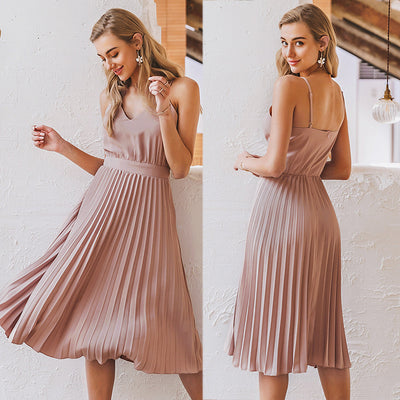 Spring And Summer New Style Sling V-Neck Pleated Dress Princess Dress Multicolor - Dignitestore Women Dress