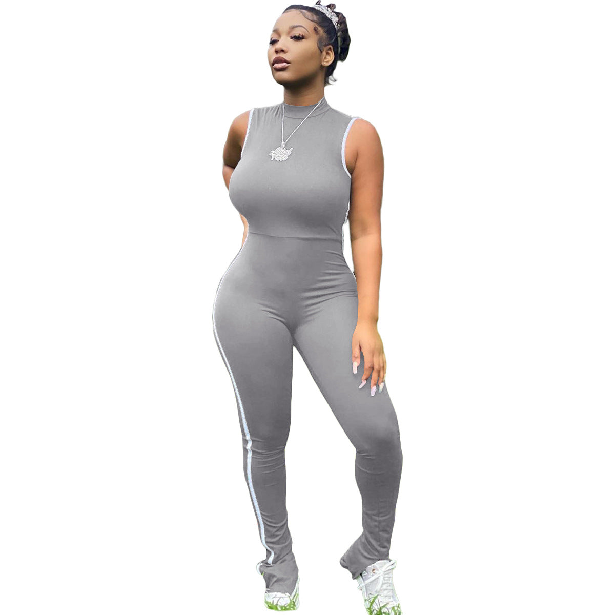 Sexy Striped Stitching Split Sleeveless Hip-lifting Sports Jumpsuit - Dignitestore Grey / S Rompers