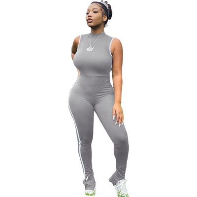 Sexy Striped Stitching Split Sleeveless Hip-lifting Sports Jumpsuit - Dignitestore Grey / S Rompers